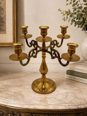 Vintage Brass 5-Arm Candelabra Candle Holder Made In India Home Décor Or Events